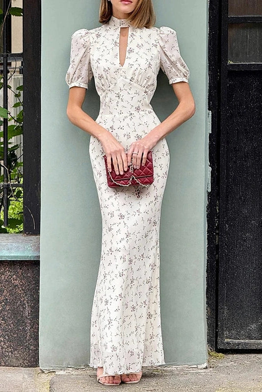 Glorol - Short Sleeve Printed High Collar Slim Maxi Dress