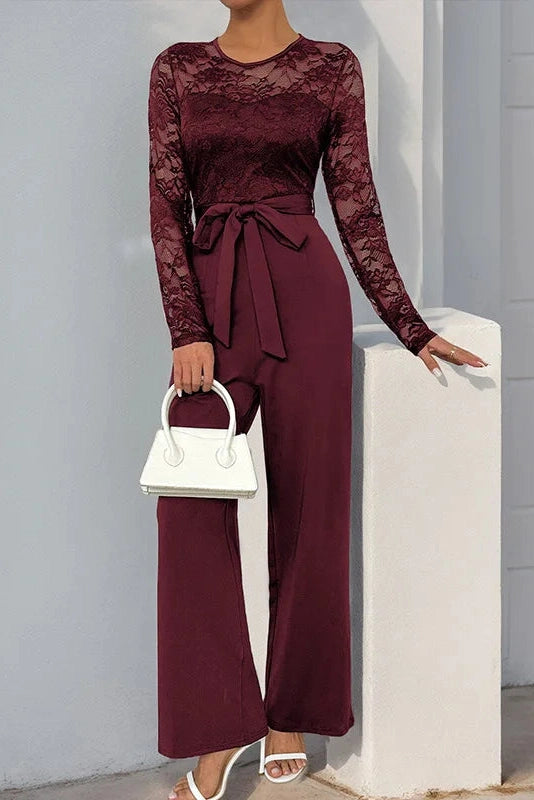 Glorol - Lace Hollow O-neck Patchwork High-waisted Jumpsuit