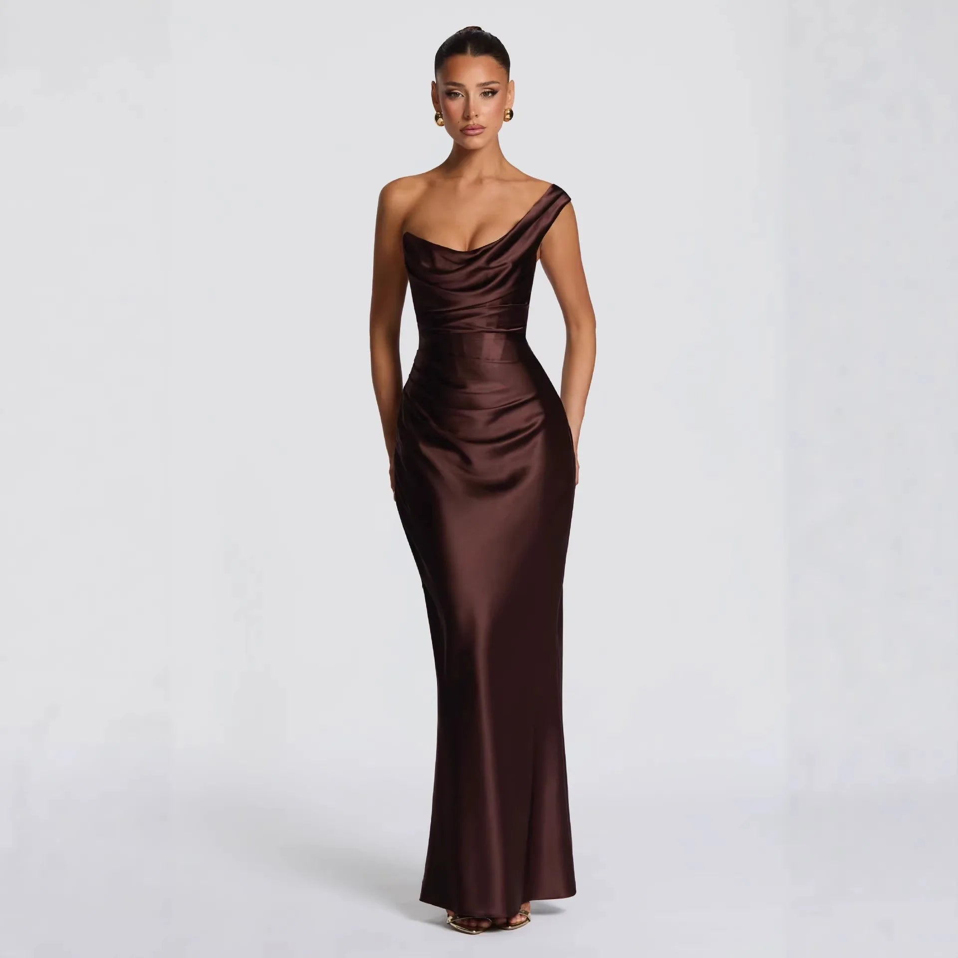 Glorol - One Shoulder Sleeveless Pleated Lace-Up Maxi Dress