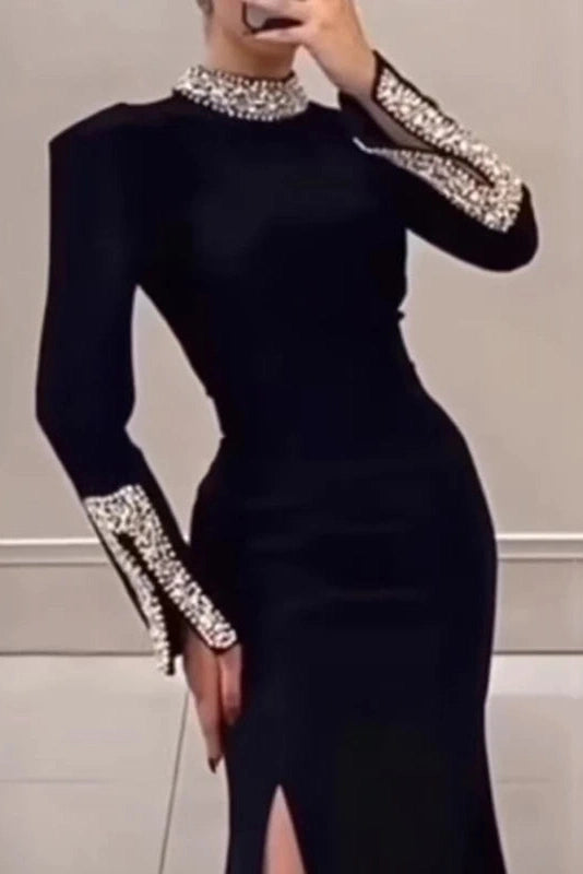Glorol - Elegant High Slit Long Sleeve Slim Turtleneck Maxi Dress