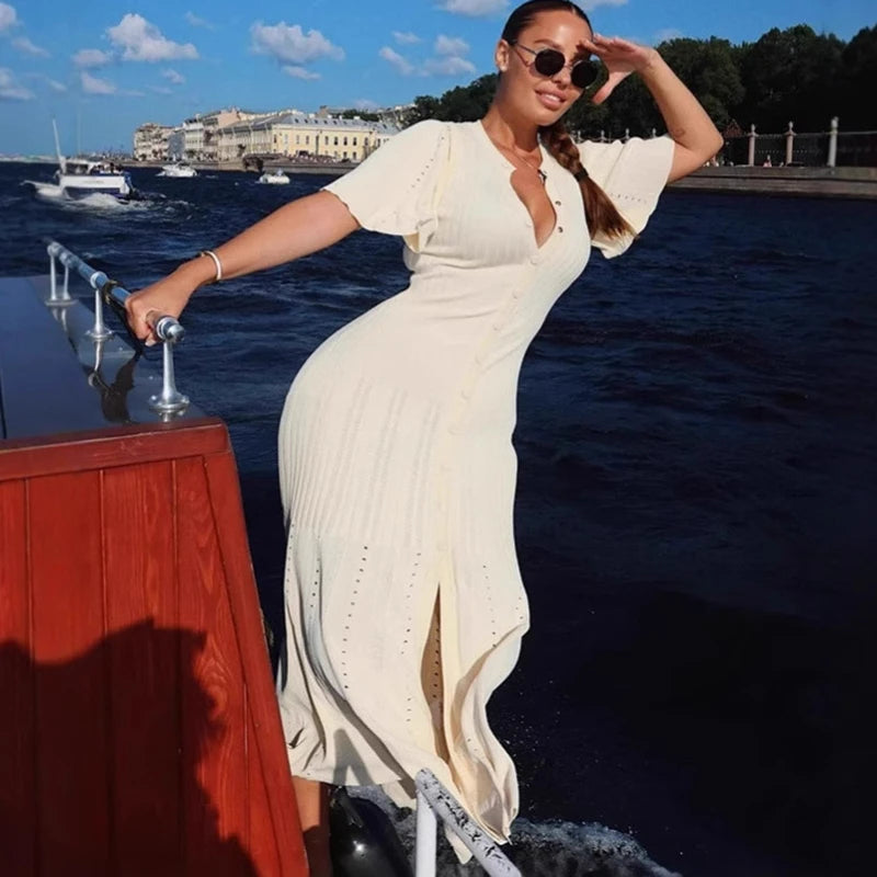 Glorol - O-Neck Short Sleeve Single Breasted Slim Midi Dress