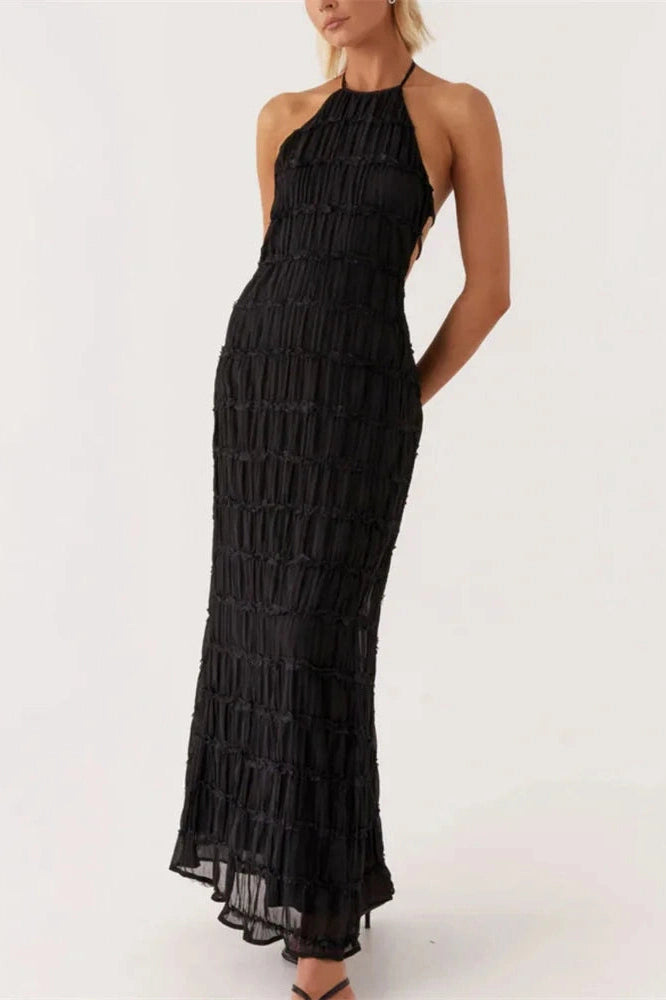 Glorol - Patchwork Lace-Up Backless High Waist Maxi Dress