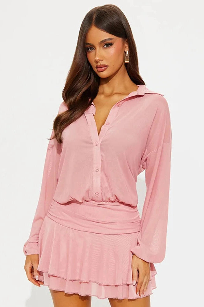 Glorol - See Through Long Sleeve Single-Breasted Mini Dress