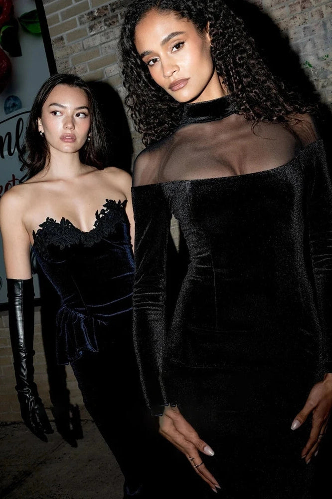 Glorol - Off-Shoulder Long Sleeve High Collar Backless Bodycon Maxi Dress