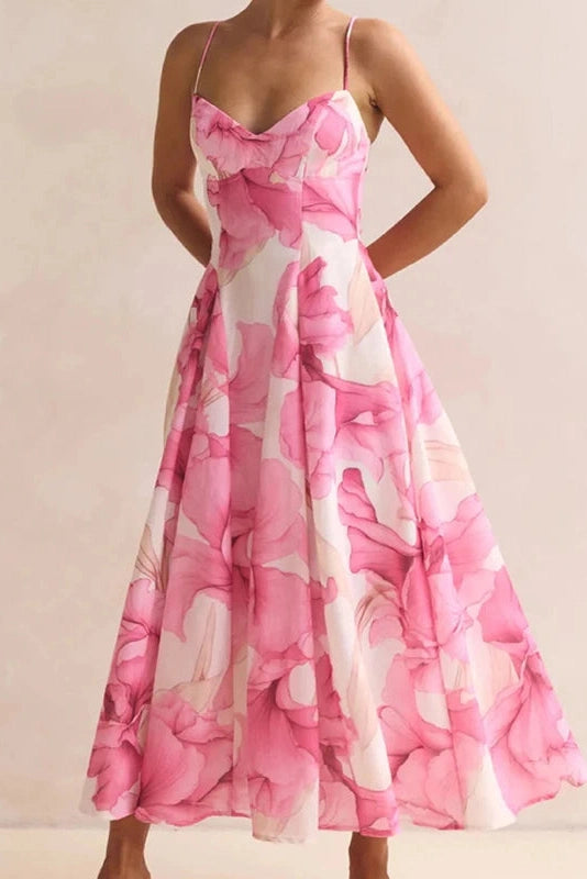 Glorol - Floral Printed High Waist Sleeveless Pleated Midi Dress
