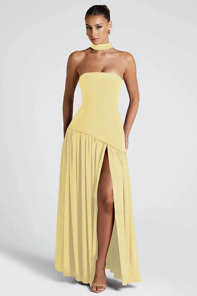 Glorol - Off-Shoulder Scarf Collar Strapless Sleeveless High Split Maxi Dress