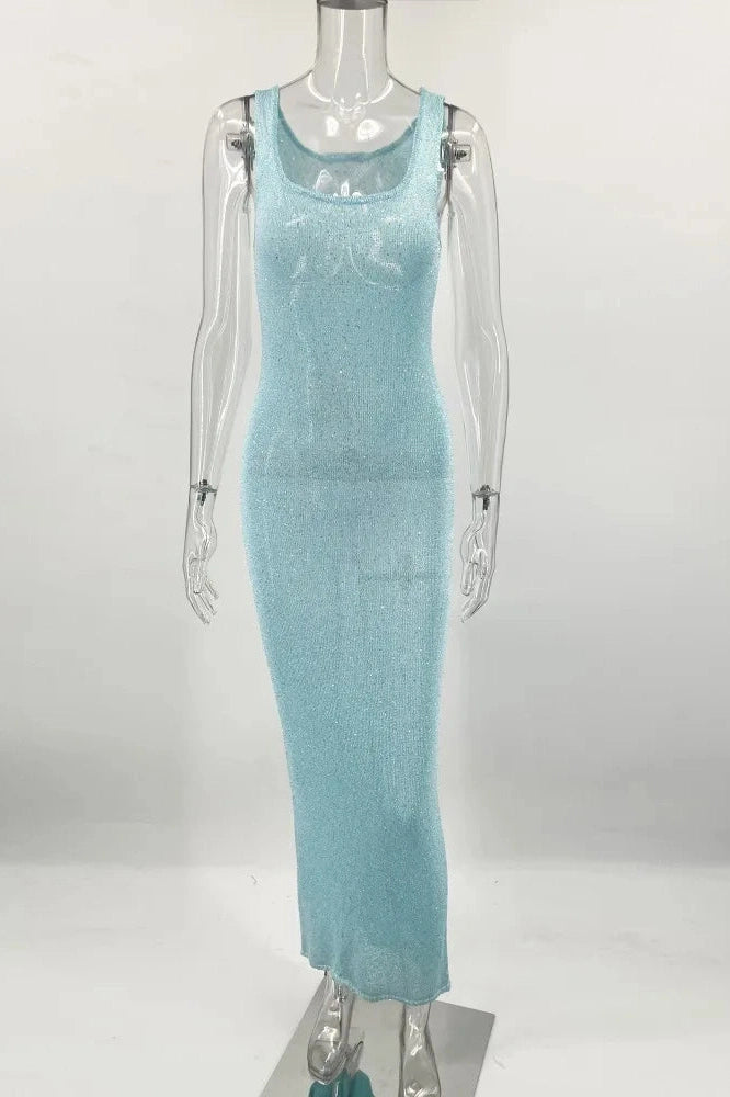 Glorol - Elegant Slim Backless See-Through Patchwork Maxi Dress