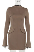 Glorol - Patchwork High Waist Long Sleeve Slim Mini Dress