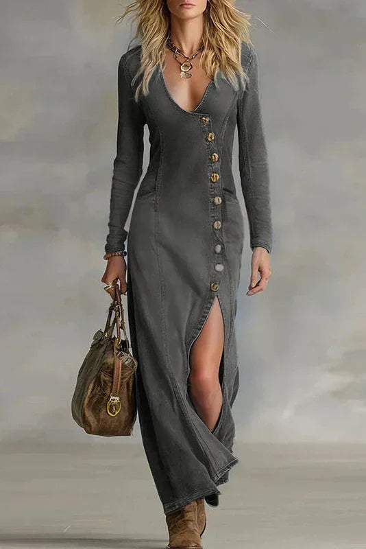 V-Neck Long Sleeve Single Breasted Slim Maxi Dress