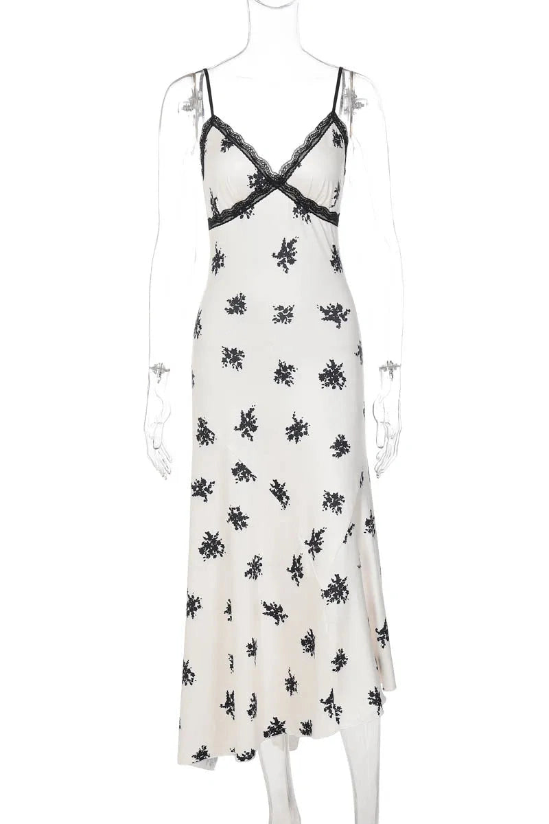 Glorol - Lace Printed Backless Sleeveless V-Neck Slim Midi Dress
