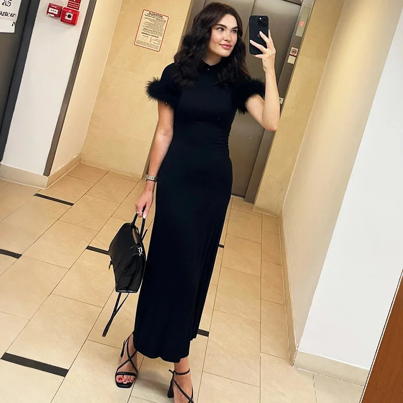 Glorol - Elegant Patchwork High Collar Maxi Dress