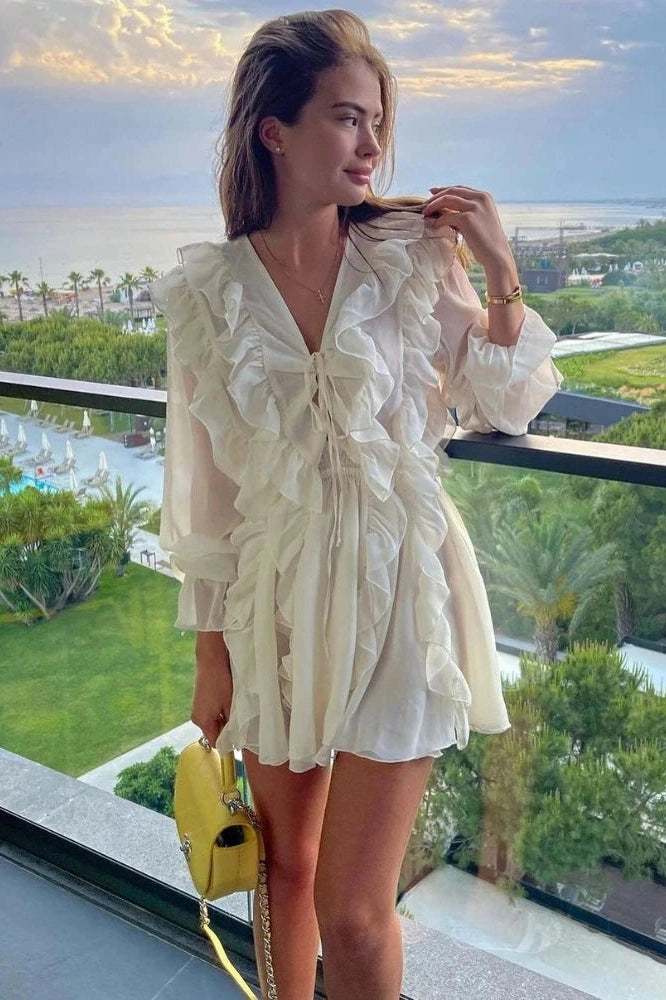 Glorol - Elegant Lace Deep V Neck Mini Dress