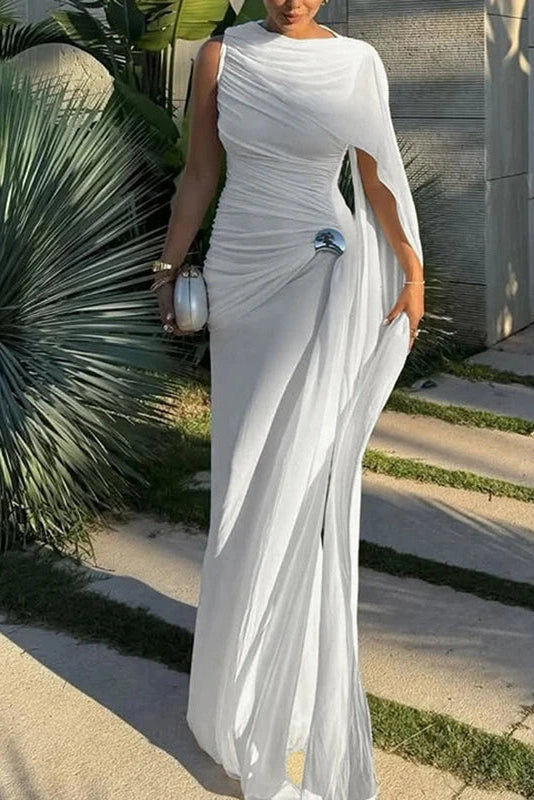 Glorol - Elegant Slim Pleated High Waist Sleeveless Irregular Maxi Dress