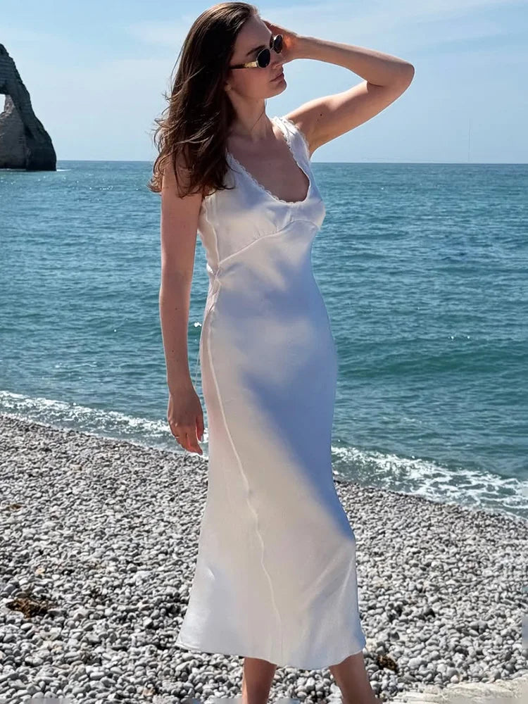 Glorol - Lace Patchwork V-Neck Sleeveless Slim Midi Dress