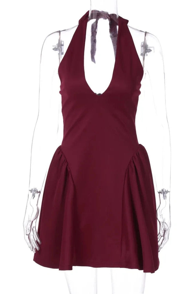 Glorol - Deep V Neck Sleeveless Backless High Waist A-line Mini Dress