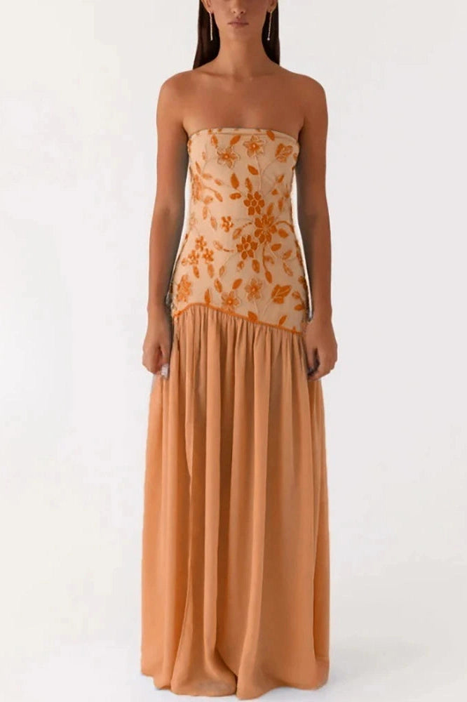 Glorol - Off-Shoulder Split Print Strapless Backless Pleated Maxi Dress