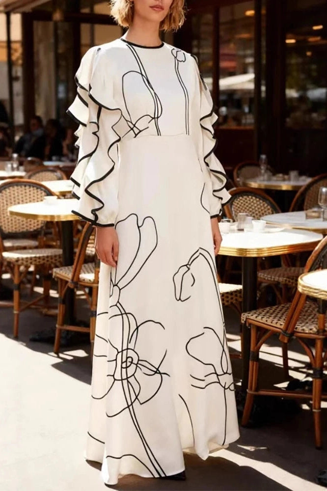 Glorol - O-Neck High Waist Pleated Sleeve Fit Maxi Dress