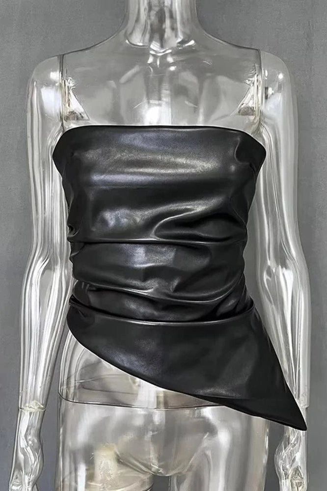Glorol - PU Leather Pleated Zipper Irregular Top