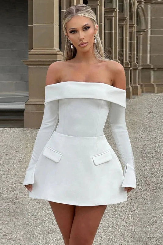 Glorol - Off-shoulder Strapless Long Sleeve Backless A-line Mini Dress