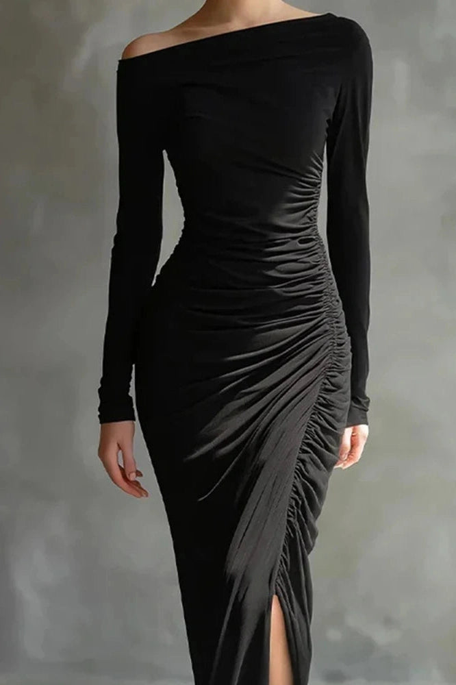 Glorol - Elegant High Waist Split Long Sleeve Slash Collar Maxi Dress