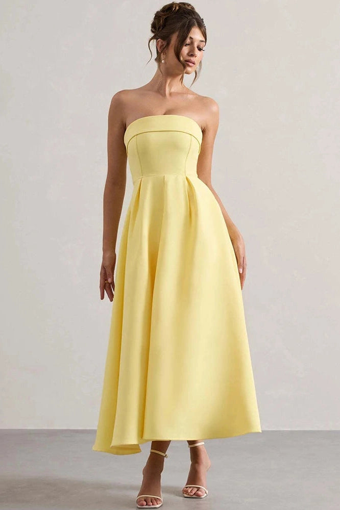 Glorol - Off-Shoulder Strapless Sleeveless Backless High Waist A-Line Midi Dress