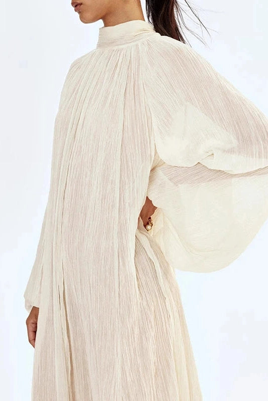 Glorol - Elegant Pleated O-Neck Long Sleeve Loose Maxi Dress