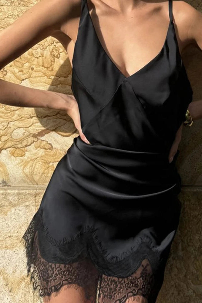 Glorol - Hollow Out Sleeveless Slim Lace V-Neck Mini Dress