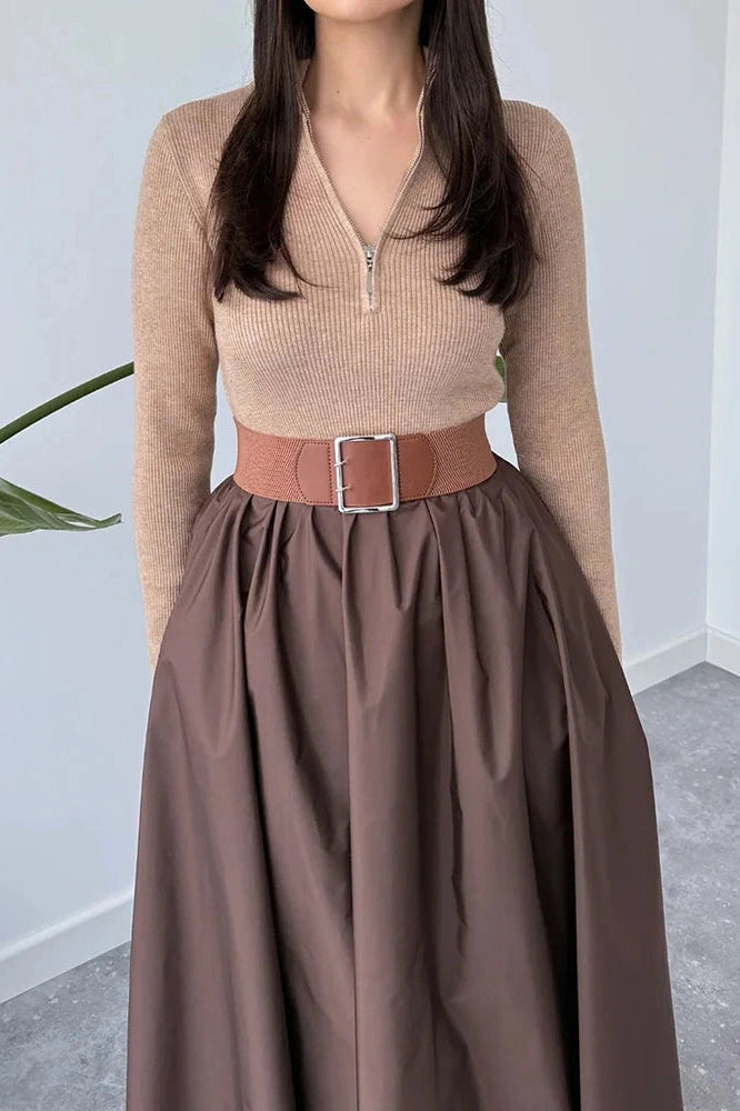 Glorol - Elegant Zipper Pleated Knitted High Waist Maxi Dress