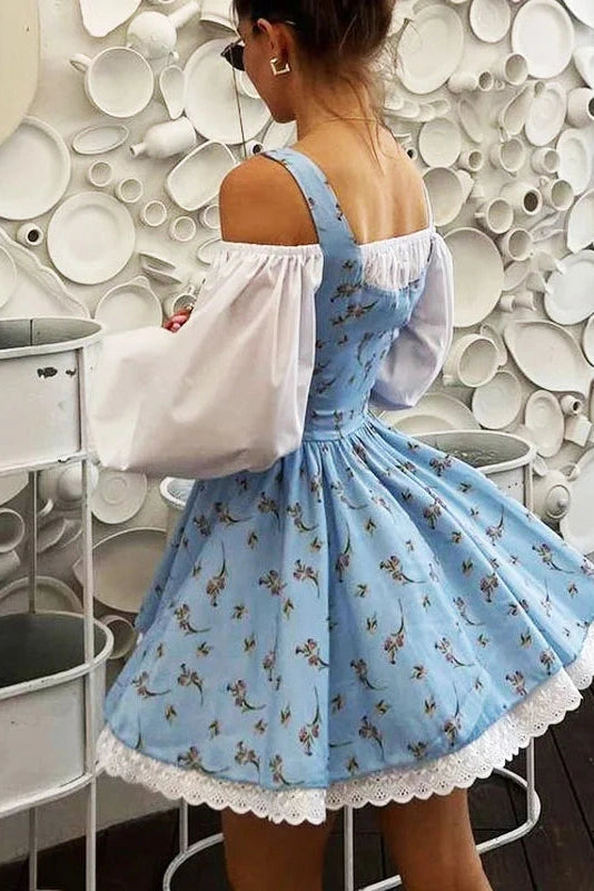 Glorol - Puff Sleeve Two Piece Strapless Lace Up Mini Dress