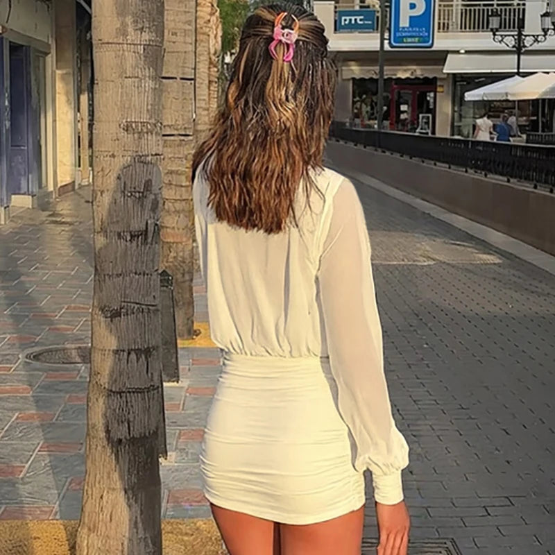Glorol - Deep V Neck Long Sleeved Pleated Mini Dress