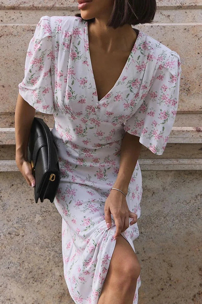 Glorol - Printed V-Neck Short Sleeve Slim High Waist Maxi Dress