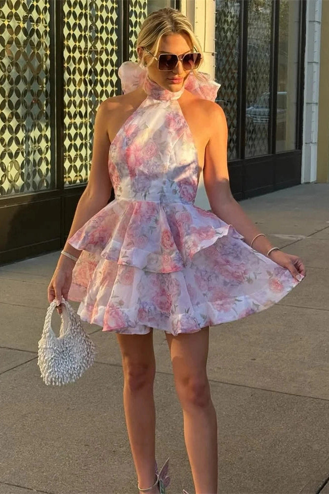 Glorol - Printed Backless Patchwork High Waist Mini Dress