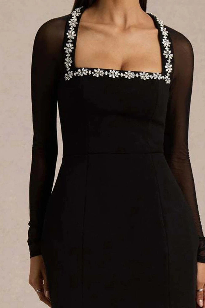 Glorol - Long Sleeve Slim A-Line High Waist Square Neck Mini Dress