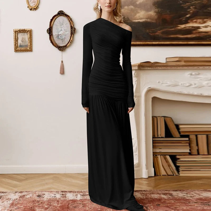Glorol - Off Shoulder Patchwork Pleated Long Sleeve Maxi Dress