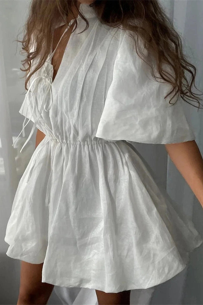 Glorol - Lace-Up Short Sleeve V-Neck High Waist Mini Dress