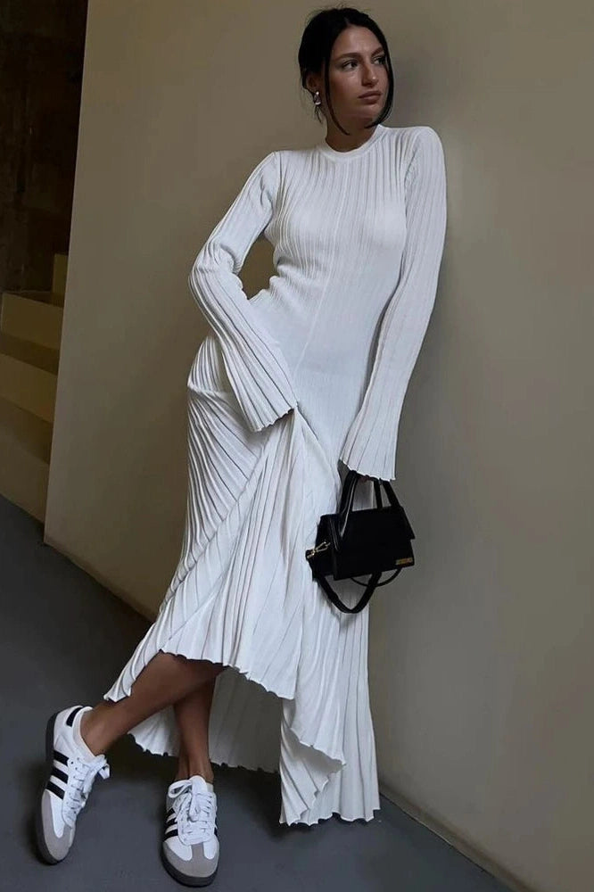Glorol - Lace-Up High Waist Patchwork Long Sleeve Maxi Dress