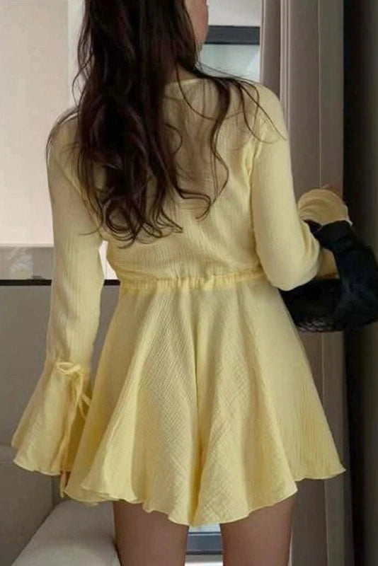 Glorol - Flared-Sleeve V-Neck Lace-Up Button A-Line Mini Dress