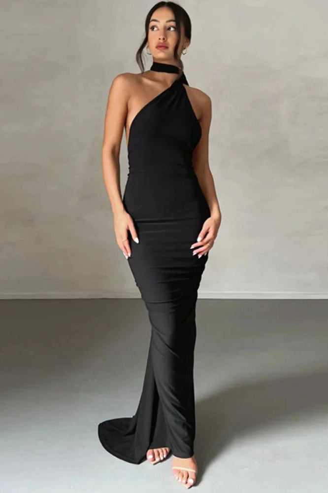 Glorol - Oblique Shoulder Sleeveless Backless Maxi Dress