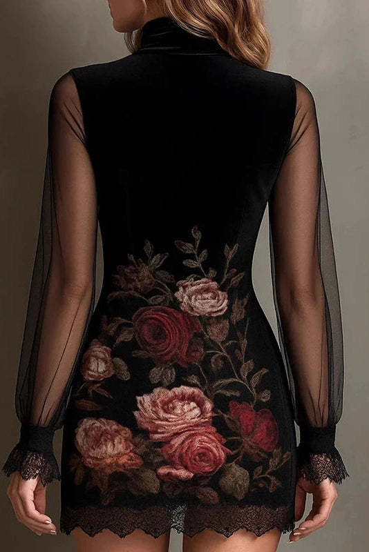 Glorol - Lace See-Through Sleeves Printed Slim High Waist Mini Dress