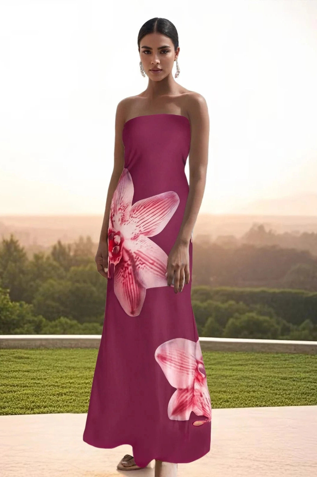 Glorol - Sleeveless Off-Shoulder Flower Print Maxi Dress