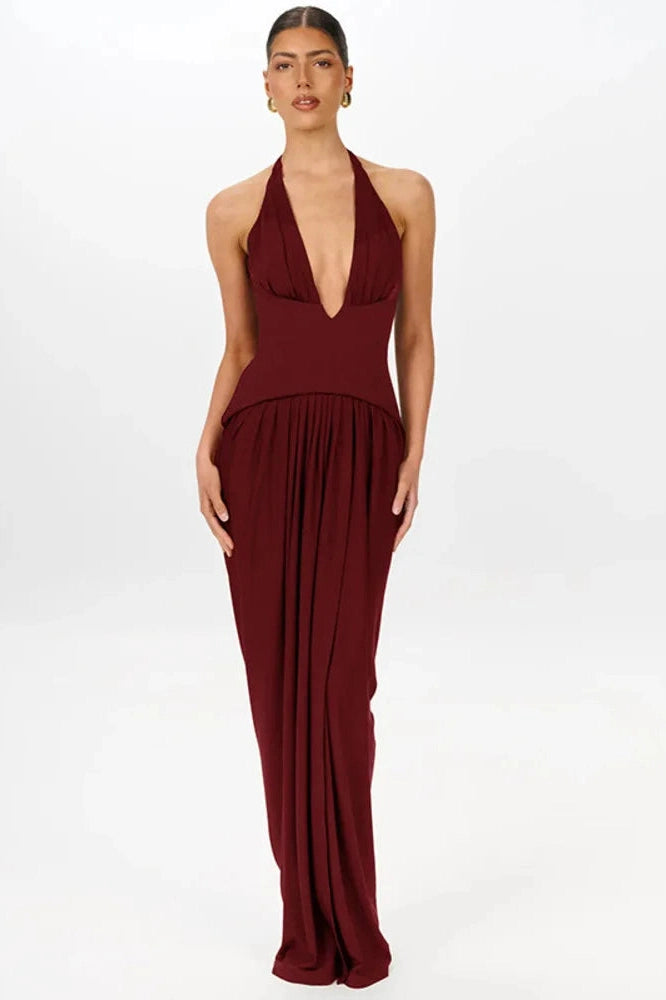 Glorol - Deep V Neck Backless Sleeveless High Waist Pleated Maxi Dress