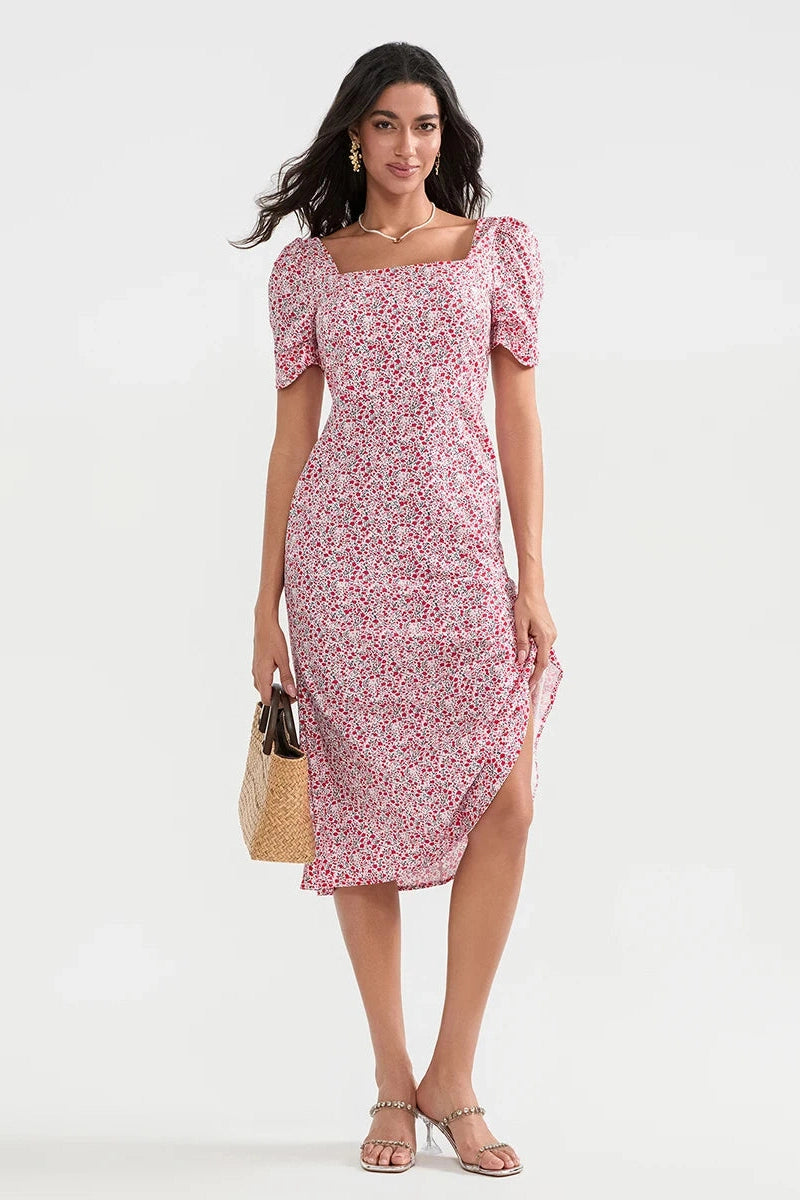 Glorol - Short Sleeve Floral Print A-Line Midi Dress