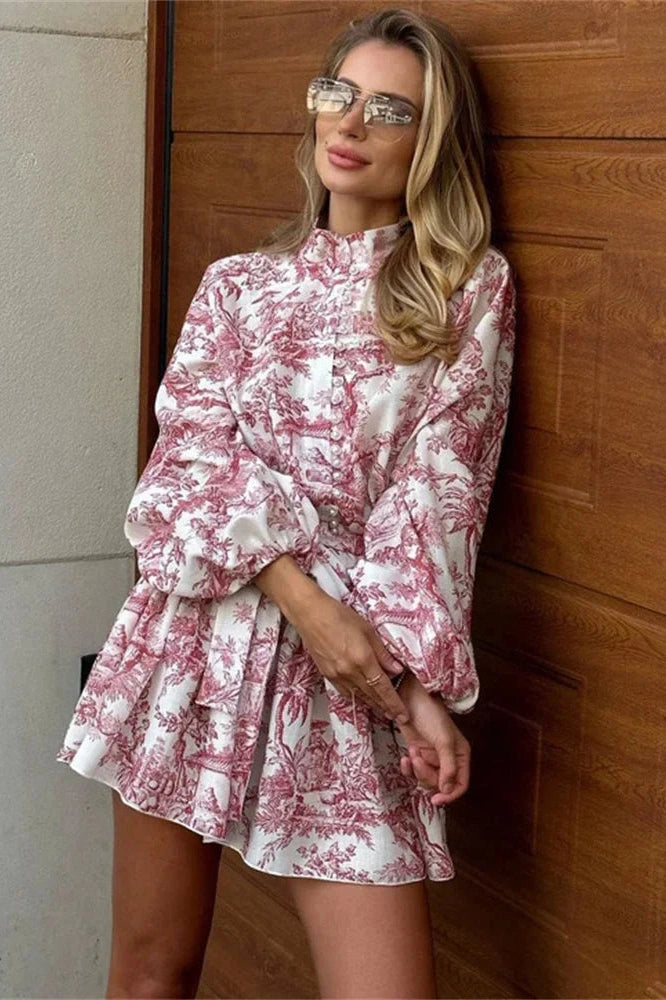 Glorol - Elegant Printed Lace Up Long Sleeve Mini Dress