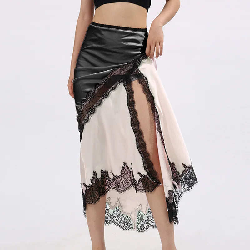 Glorol - High Waist Lace Splice Hollow Slit Skirt