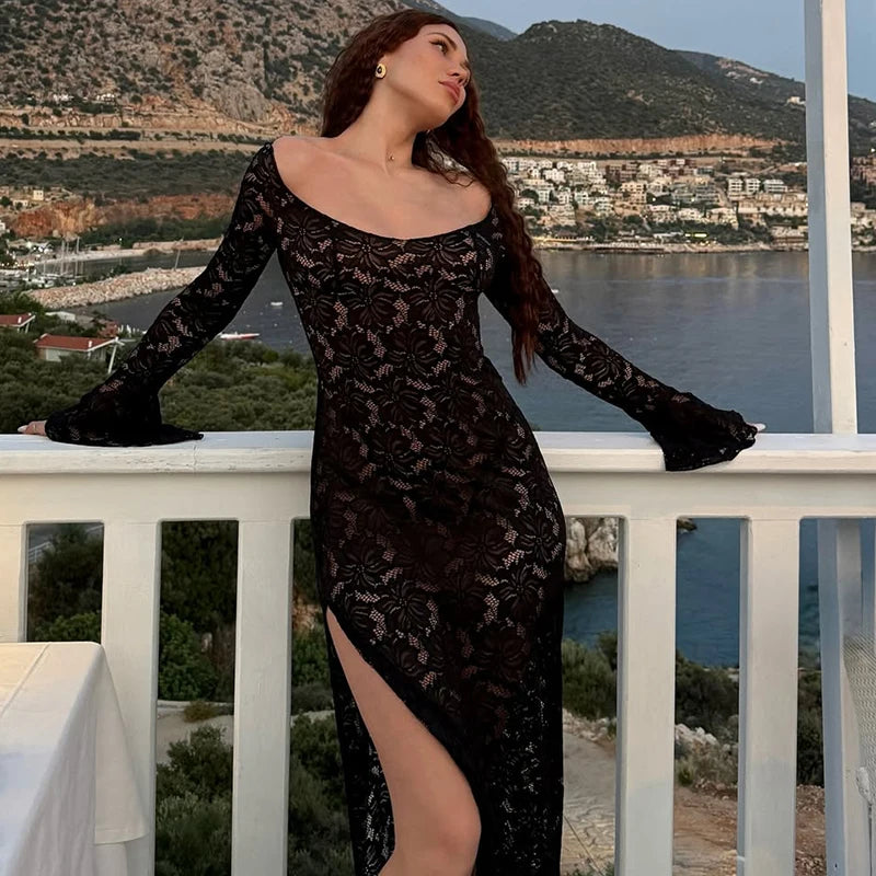 Glorol - Hollow out Lace Slim Maxi Dress