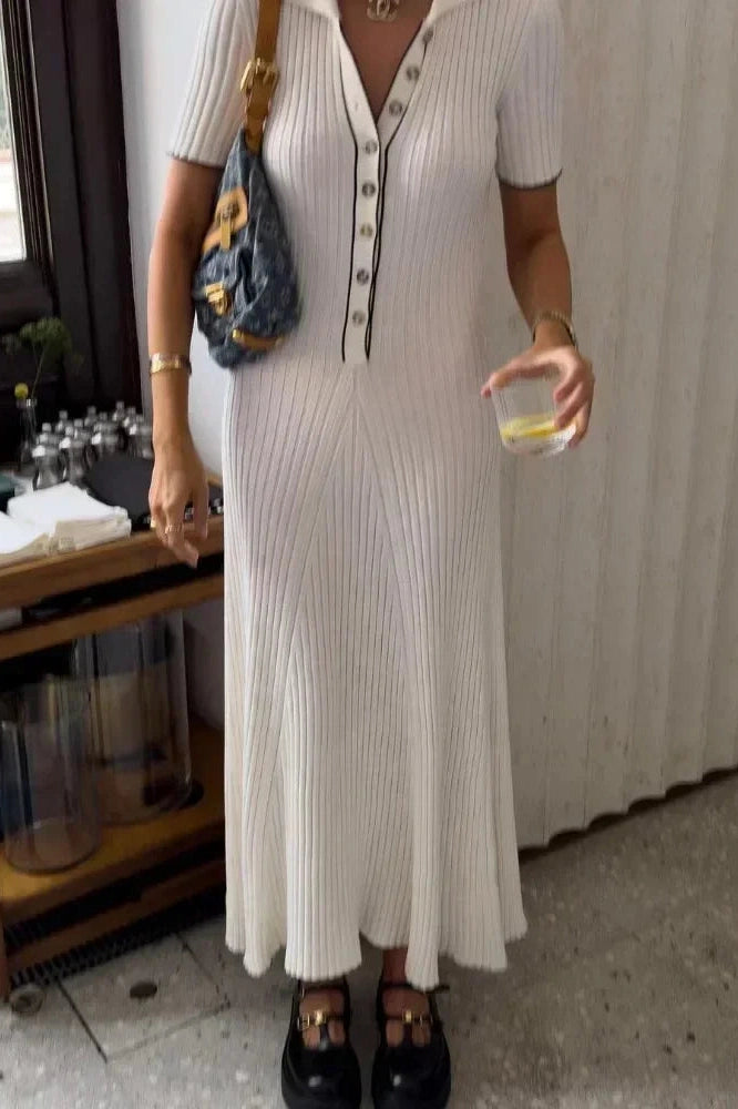 Glorol - Short Sleeve Patchwork High Waist Midi Dress
