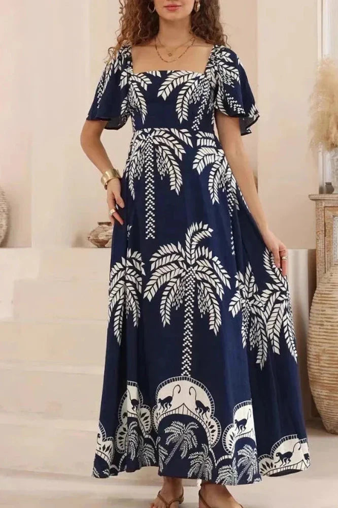 Square Collar Backless High Waist Pleated Printed Maxi Dress