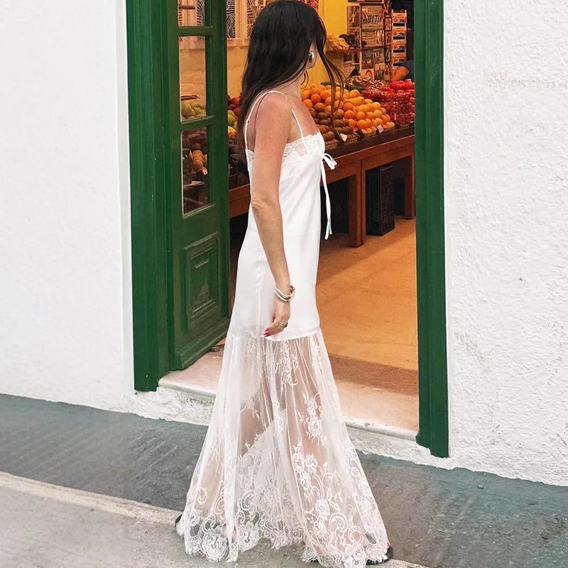 Glorol - Lace Patchwork Lace Up Backless Maxi Dress