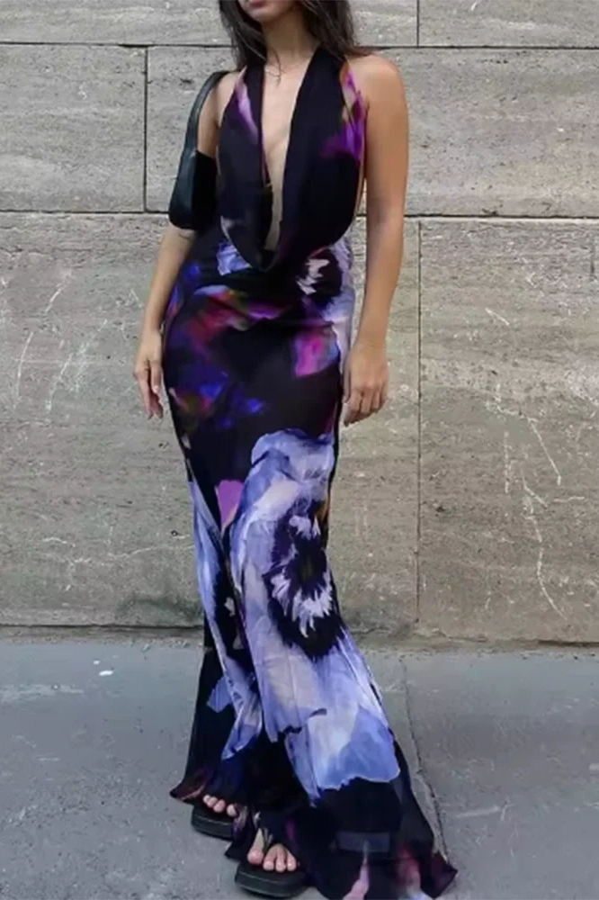 Glorol - Elegant Deep V-Neck Sleeveless Backless Slim Printed Maxi Dress