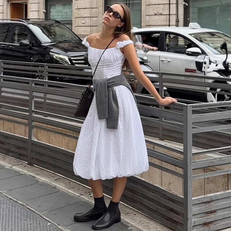 Glorol - Off Shoulder Slim A-line Midi Dress